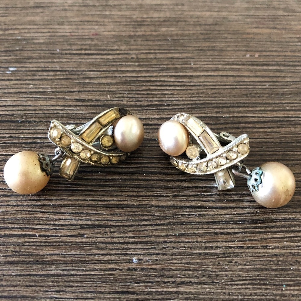 Vintage cream & sliver ribbon beaded clip on earrings